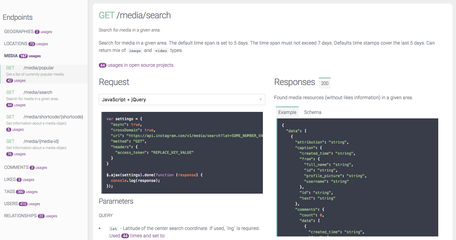 Figure 1: Screenshot of the new APIs details page, showing usage counts and lessons learned